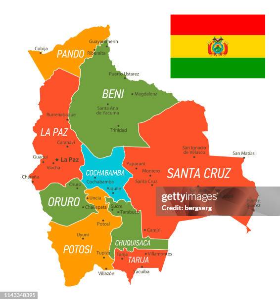 bolivia map. vector map with borders, national flag - santa cruz bolivia stock illustrations
