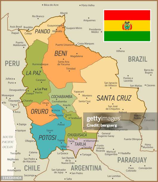 vintage map of bolivia. vector illustration - santa cruz bolivia stock illustrations