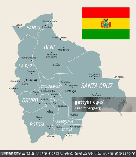 retro map of bolivia. vector illustration with national flag and navigation icons - santa cruz bolivia stock illustrations