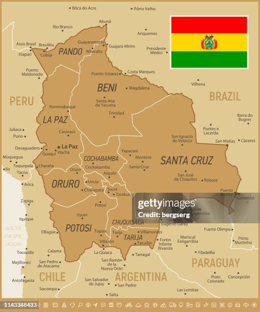 bolivia map. vector illustration with national flag and navigation icon set - santa cruz bolivia stock illustrations