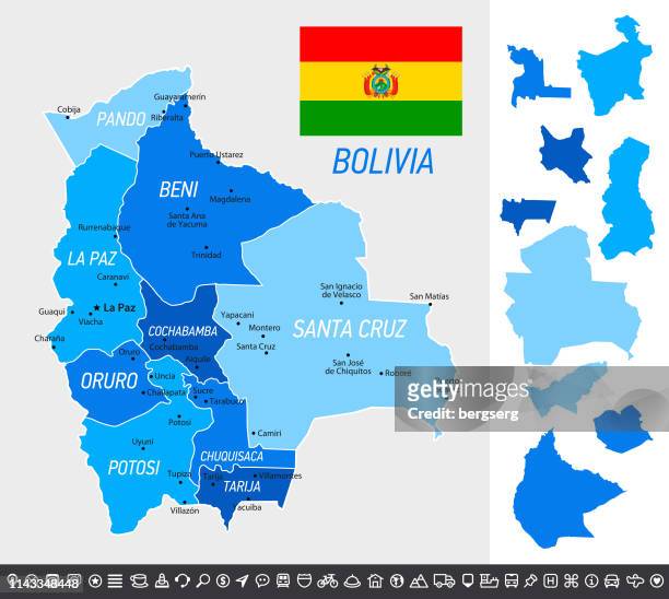 stockillustraties, clipart, cartoons en iconen met de kaart van bolivië met nationale vlag, gescheiden provincies en navigatie pictogrammen - santa cruz de la sierra bolivia