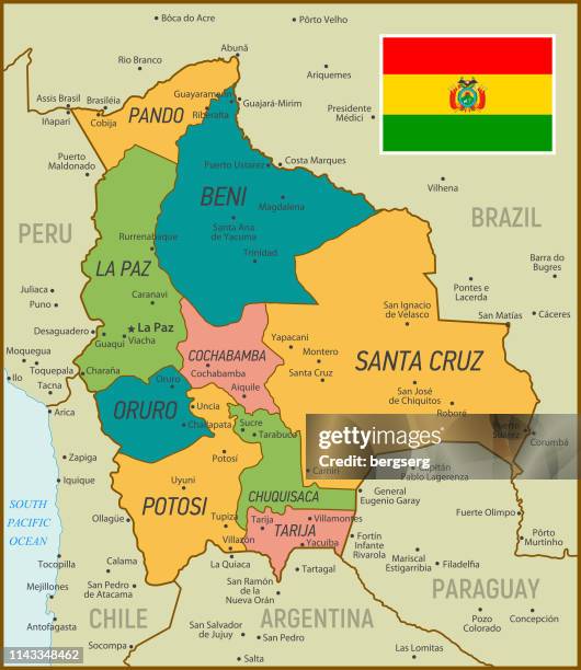 vintage map of bolivia. vector illustration - santa cruz bolivia stock illustrations