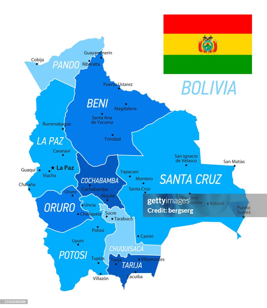 Bolivia Map with National Flag. Blue vector illustration