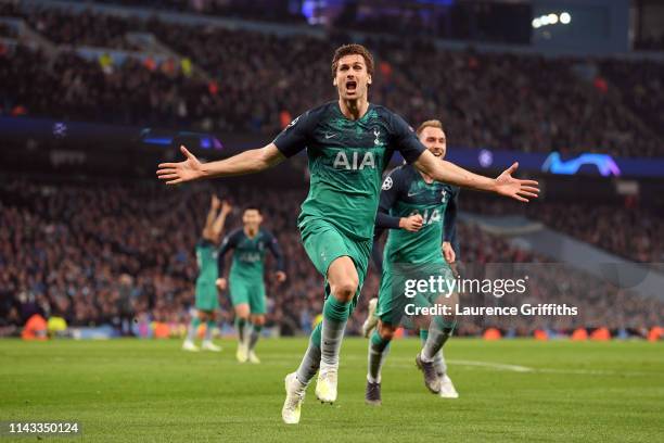 Fernando Llorente of Tottenham Hotspur celebrates after scoring his team's third goal during the UEFA Champions League Quarter Final second leg match...