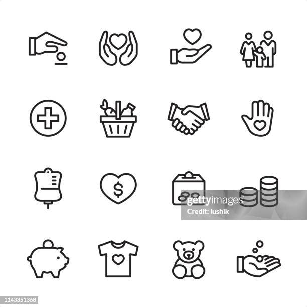 ilustraciones, imágenes clip art, dibujos animados e iconos de stock de voluntariado y caridad-icono de contorno establecido - ayuda humanitaria