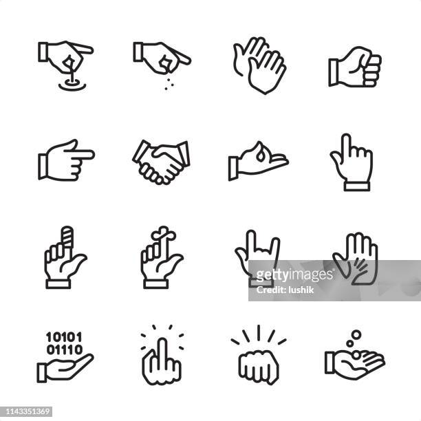 hand sign and gesturing - outline icon set - punching the air stock illustrations