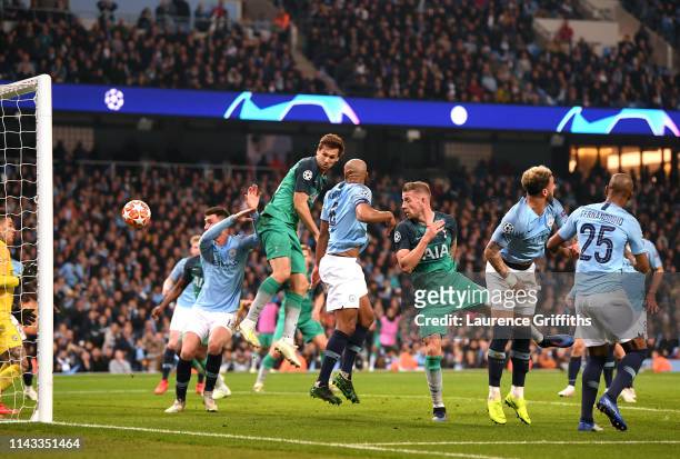 Fernando Llorente of Tottenham Hotspur scores his team's third goal during the UEFA Champions League Quarter Final second leg match between...