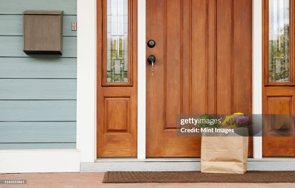 Grocery bag on front stoop