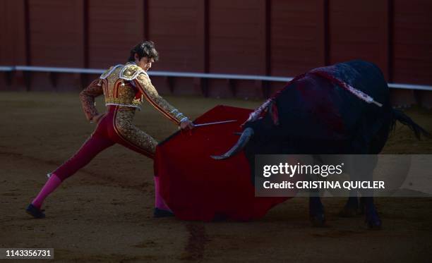 French bullfighter Sebastian Castella performs a pass to a bull with a muleta during a bullfight at the Real Maestranza bullring in Sevilla on May...