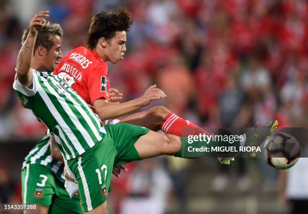 Benfica's Portuguese forward Joao Felix vies with Rio Ave's Portuguese forward Fabio Coentrao during the Portuguese league football match Rio Ave FC...