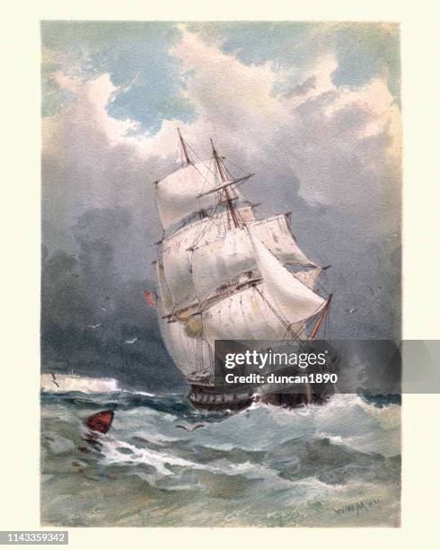 viktorianisches segelschiff unter vollem segel auf see, 19. jahrhundert - sailing ship stock-grafiken, -clipart, -cartoons und -symbole