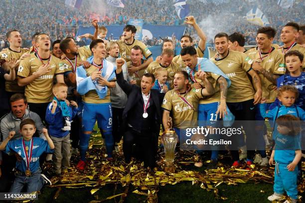 Zenit Saint Petersburg players celebrate with the trophy after the Russian Premier League match between FC Zenit Saint Petersburg and PFC CSKA Moscow...