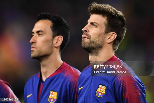 Sergio Busquets and Gerard Pique of FC Barcelona looks on during the UEFA Champions League Quarter Final second leg match between FC Barcelona and...
