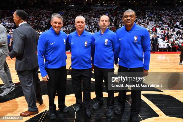 Referees Scott Foster, Jason Phillips, Kane Fitzgerald and Tony Brothers pose for a photo prior to Game Seven of the Eastern Conference Semi-Finals...