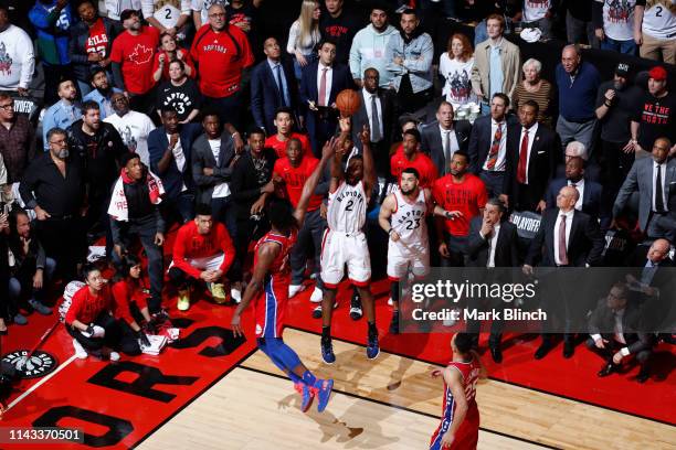 Kawhi Leonard of the Toronto Raptors hits the game winning shot against the Philadelphia 76ers during Game Seven of the Eastern Conference Semifinals...