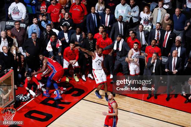 Kawhi Leonard of the Toronto Raptors hits the game winning shot against the Philadelphia 76ers during Game Seven of the Eastern Conference Semifinals...