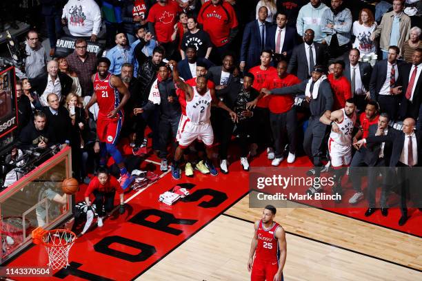 Kawhi Leonard of the Toronto Raptors hits the game winning shot against the Philadelphia 76ers during Game Seven of the Eastern Conference Semifinals...