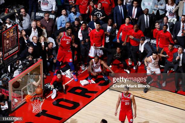 Kawhi Leonard of the Toronto Raptors hits the game winning shot against the Philadelphia 76ers during Game Seven of the Eastern Conference Semifinals...