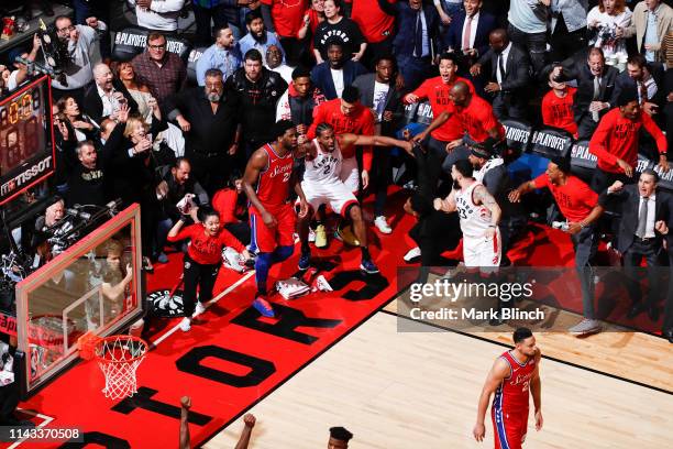 Kawhi Leonard of the Toronto Raptors hits the game winning shot against the Philadelphia 76ers during Game Seven of the Eastern Conference Semifinals...