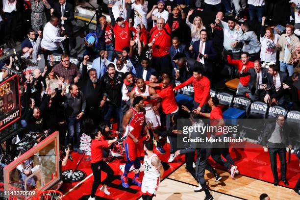 Kawhi Leonard of the Toronto Raptors hits the game winning shot against the Philadelphia 76ers during Game Seven of the Eastern Conference Semifinals...