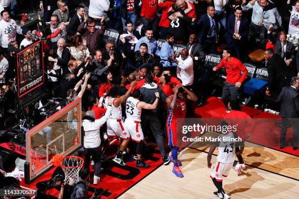 Kawhi Leonard of the Toronto Raptors hits the game winning shot against the Philadelphia 76ers during Game Seven of the Eastern Conference Semifinals...