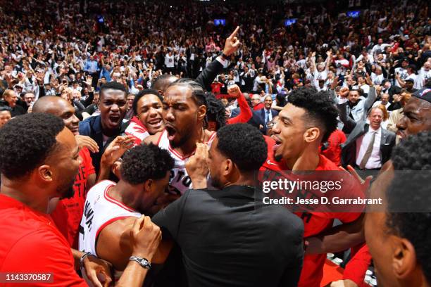 Kawhi Leonard of the Toronto Raptors reacts after defeating the Philadelphia 76ers in Game Seven of the Eastern Conference Semi-Finals of the 2019...