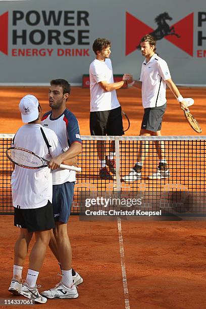 Marc Lopez of Spain and Marcel Granollers of Spain celebrate the victory after the match against Philipp Petzschner and Christopher Kas of Germany in...