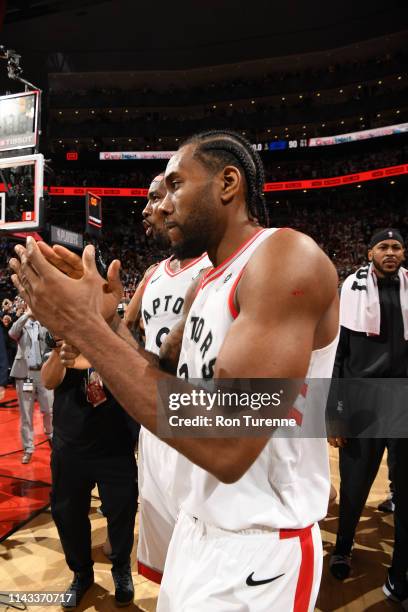 Kawhi Leonard of the Toronto Raptors claps after the Toronto Raptors win Game Seven of the Eastern Conference Semi-Finals of the 2019 NBA Playoffs...