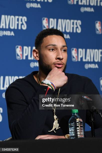 Ben Simmons of the Philadelphia 76ers speaks with the media after Game Seven of the Eastern Conference Semi-Finals of the 2019 NBA Playoffs against...