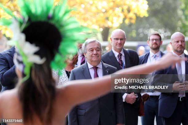 United Nations Secretary-General Antonio Guterres receives a traditional Polynesian welcome as he arrives to speak at the Auckland University of...