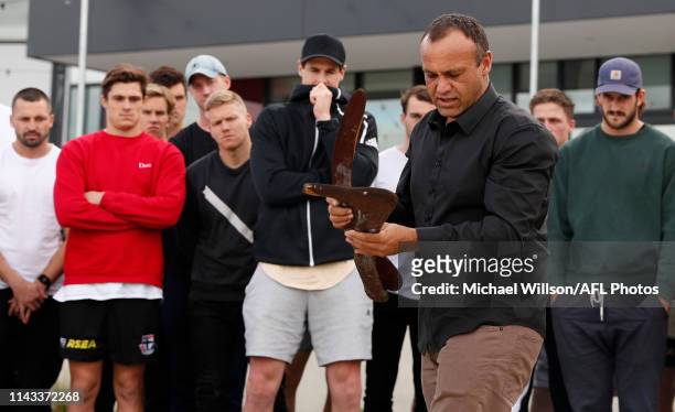 Steve Parker performs a smoking ceremony during a St Kilda Saints media opportunity announcing details around their Reconciliation Action Plan and...