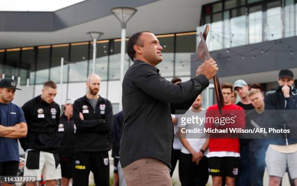 Steve Parker performs a smoking ceremony during a St Kilda Saints media opportunity announcing details around their Reconciliation Action Plan and...