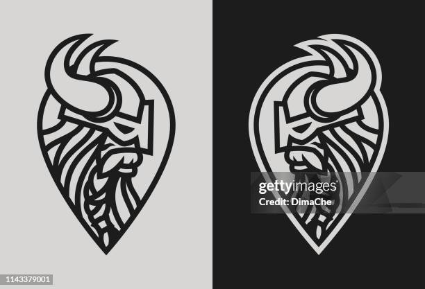 stockillustraties, clipart, cartoons en iconen met viking hoofd silhouet in helm met hoorns op schild-gestileerd zwart en wit uitgesneden vector icoon - barbaar