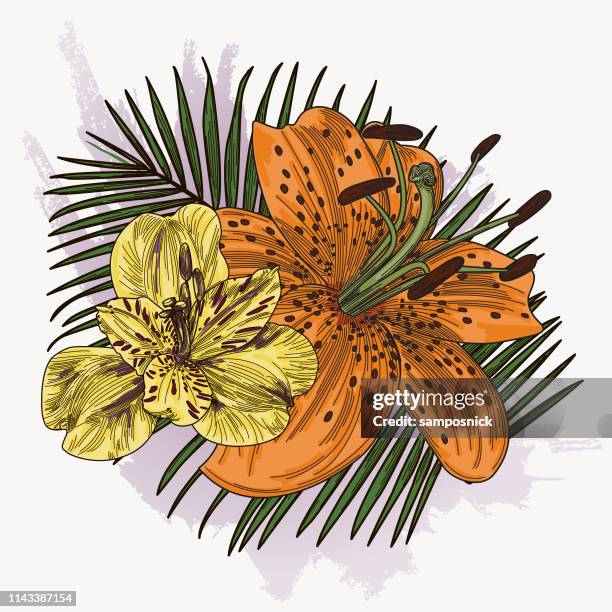 lily flower bouquet on palm background - alstroemeria stock illustrations