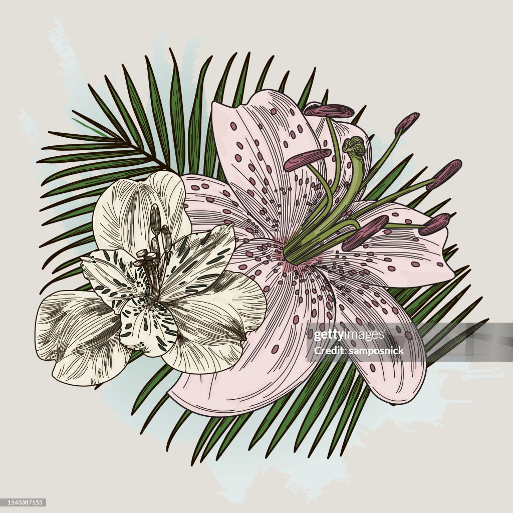 Lily Flower Bouquet on Palm Background