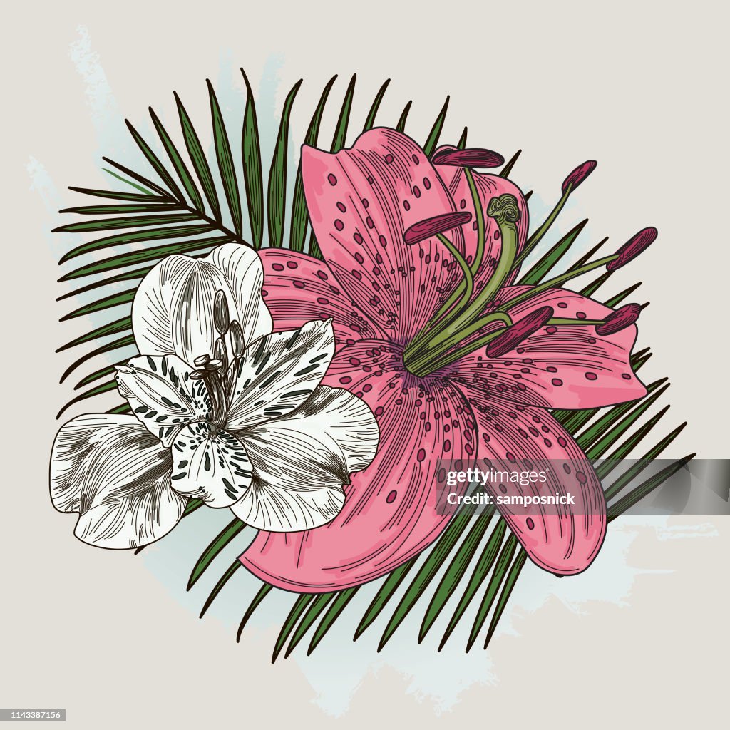 Lily Flower Bouquet on Palm Background