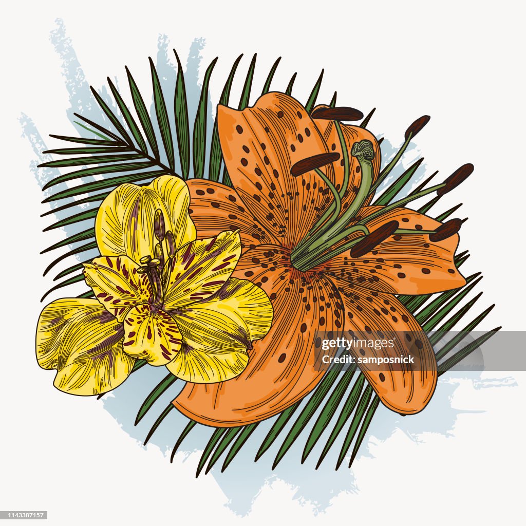 Lily Flower Bouquet on Palm Background