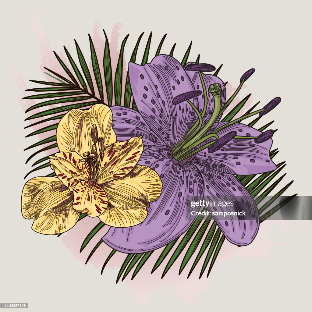 Lily Flower Bouquet on Palm Background