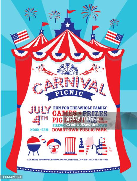illustrazioni stock, clip art, cartoni animati e icone di tendenza di picnic di carnevale invito festa del 4 luglio con tenda - carnaval