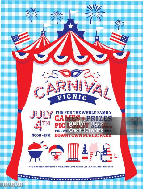 carnival picnic fourth of july party invitation with tent - fiesta invitation stock illustrations