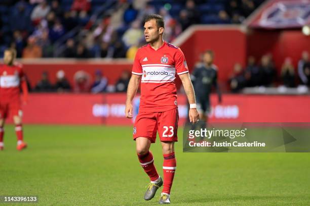 Nemanja Nikolic of the Chicago Fire in action in the game against the Vancouver Whitecaps FC at SeatGeek Stadium on April 12, 2019 in Bridgeview,...