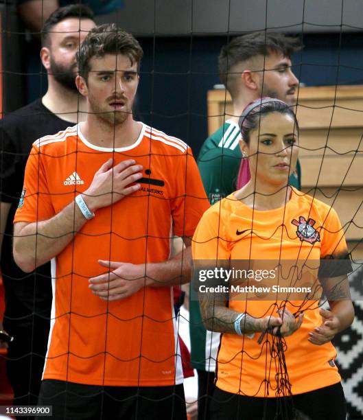 Andrew Taggart of the Chainsmokers watches as his team competes during the Copa Del Rave Charity Soccer Tournament at Evolve Project LA on April 17,...