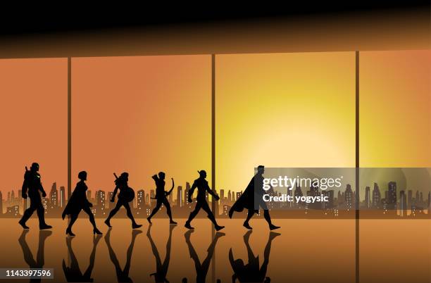 vector superhero team walking in a hall with city skyline background - superhero shadow stock illustrations