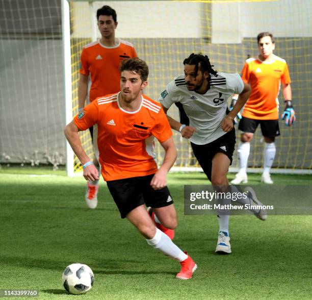 Chainsmokers DJ Andrew Taggart chases a loose ballduring the Copa Del Rave Charity Soccer Tournament at Evolve Project LA on April 17, 2019 in Los...