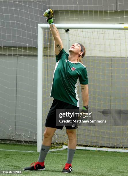 Diplo tends goal for his team during the Copa Del Rave Charity Soccer Tournament at Evolve Project LA on April 17, 2019 in Los Angeles, California.