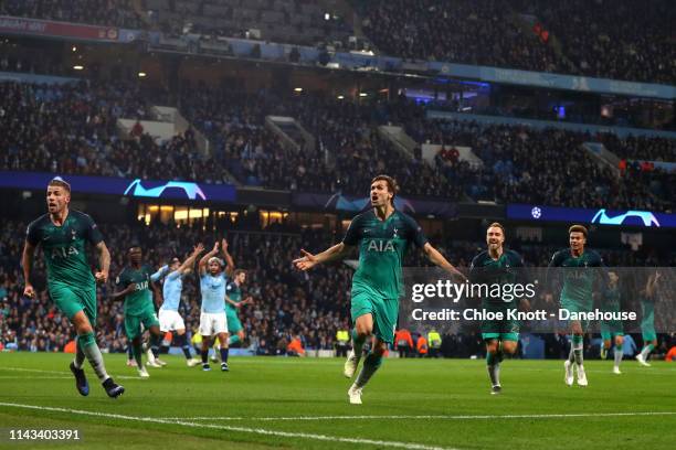 Fernando Llorente of Tottenham Hotspur celebrates scoring his teams third goal during the UEFA Champions League Quarter Final second leg match...