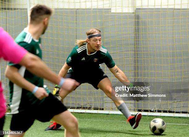 Diplo tends goal for his team during the Copa Del Rave Charity Soccer Tournament at Evolve Project LA on April 17, 2019 in Los Angeles, California.