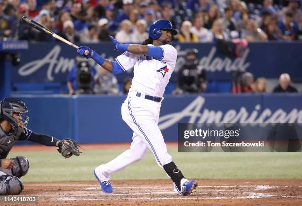 Alen Hanson of the Toronto Blue Jays bats in the fourth inning during MLB game action against the Tampa Bay Rays at Rogers Centre on April 14, 2019...