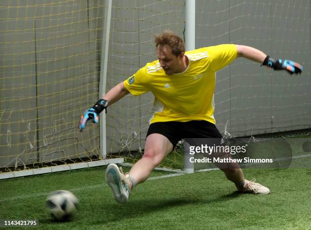 Goalie attempts to block a shot during the Copa Del Rave Charity Soccer Tournament at Evolve Project LA on April 17, 2019 in Los Angeles, California.