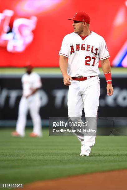 Mike Trout of the Los Angeles Angels of Anaheim looks on prior to a game against the Milwaukee Brewers at Angel Stadium of Anaheim on April 08, 2019...